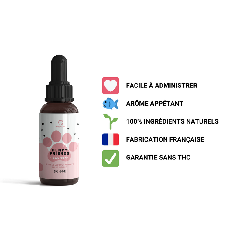 Huile CBD animaux 3% saumon Novaloa – huile chanvre soin chien chat arôme saumon | Euphoria Society