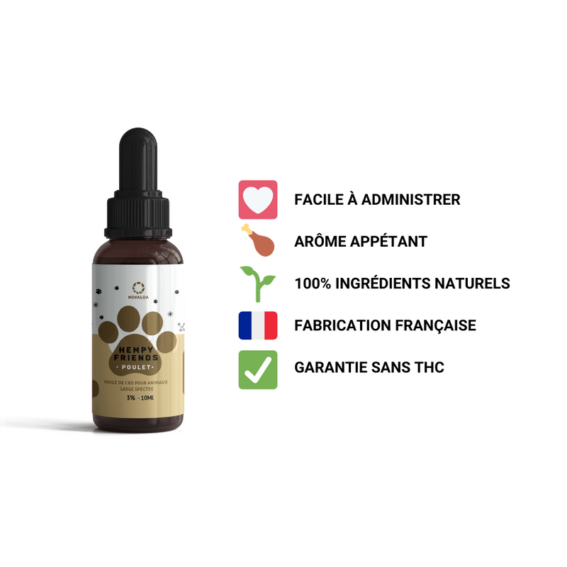 Huile CBD animaux 3% poulet Novaloa – huile chanvre soin chien chat arôme poulet | Euphoria Society